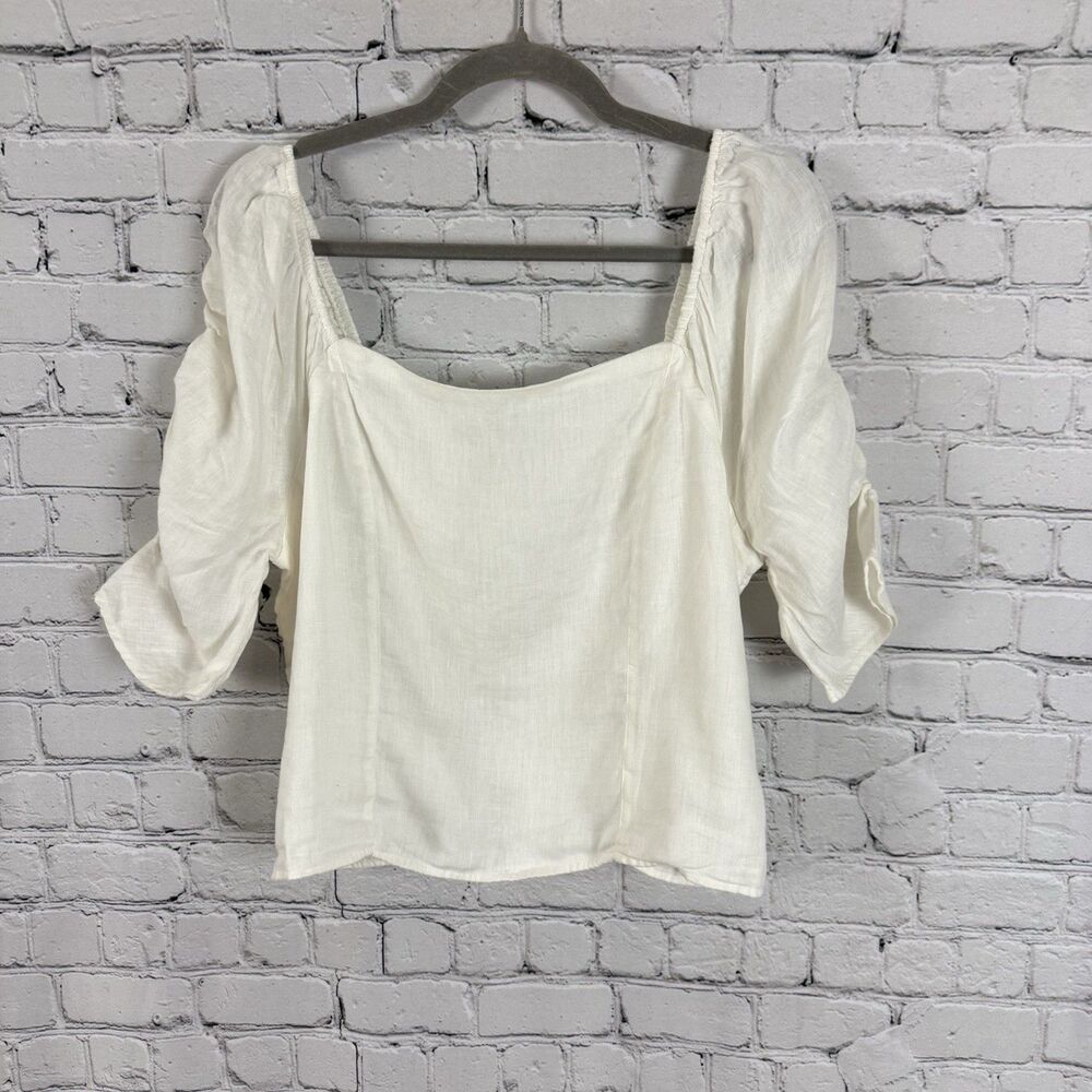 Rachel Zoe White Linen Puff Sleeve Smocked Back Peasant Top Women XL Cottagecore